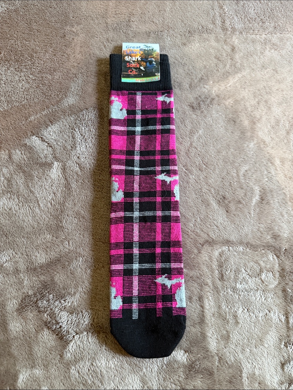 Pink Plaid Crew Socks with Shark Motif